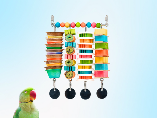 JANGLY WALL OF TOYS™ LOADED WITH TOYS / medium / The ultimate parrot playstation! / Stainless steel bird toy holder / Sustainable and reusable bird toy base / poles / skewers