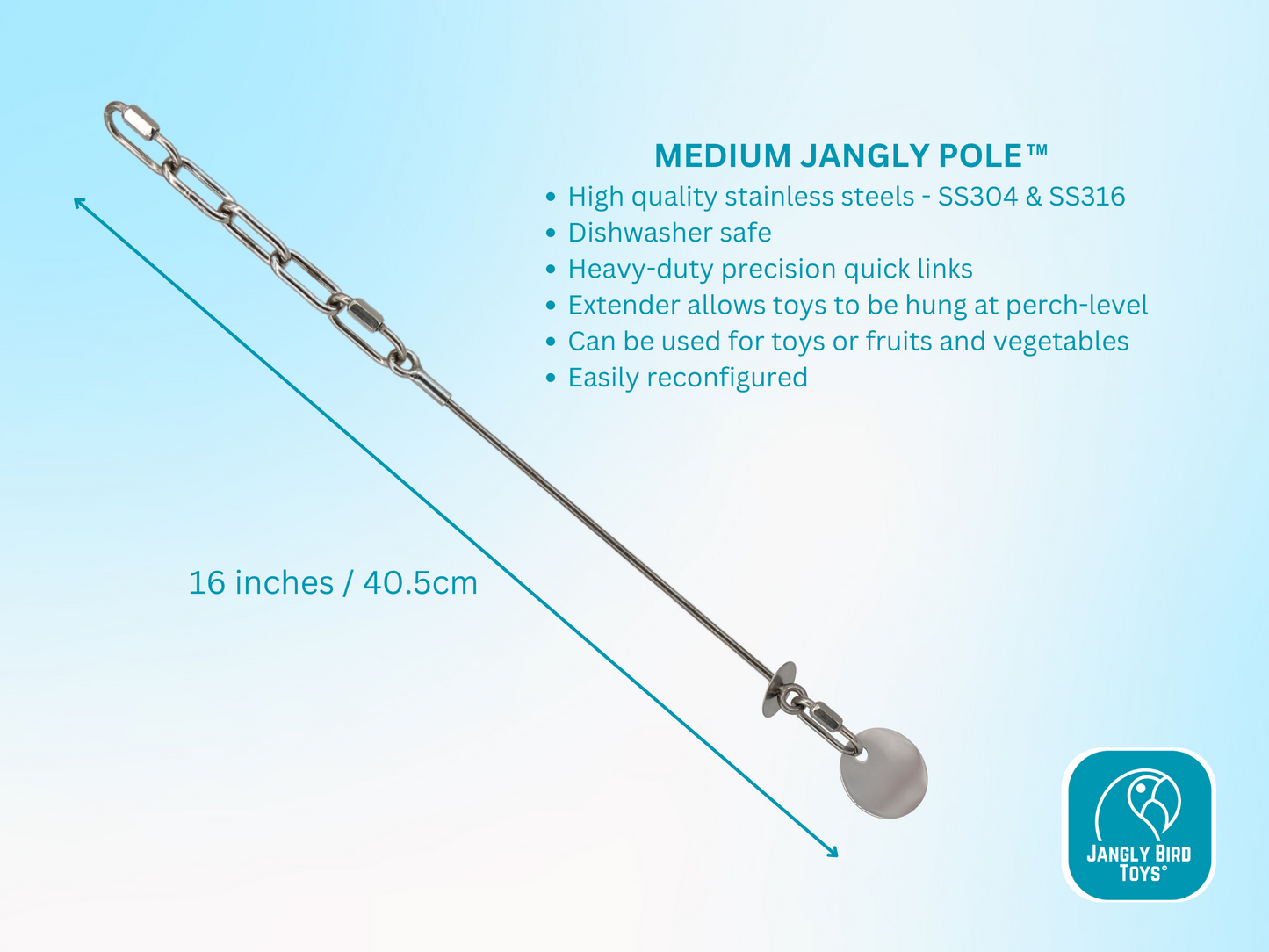 MEDIUM JANGLY POLE™ / Stainless Steel Parrot Toy Base / Skewer / Sustainable and Reusable Bird Toy Holder