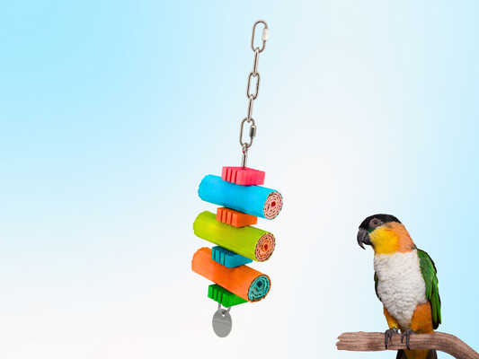 MEDIUM JANGLY POLE™ WITH TOYS / Stainless Steel Parrot Toy Base / Skewer / Sustainable and reusable bird toy holder / Comes loaded with toys!