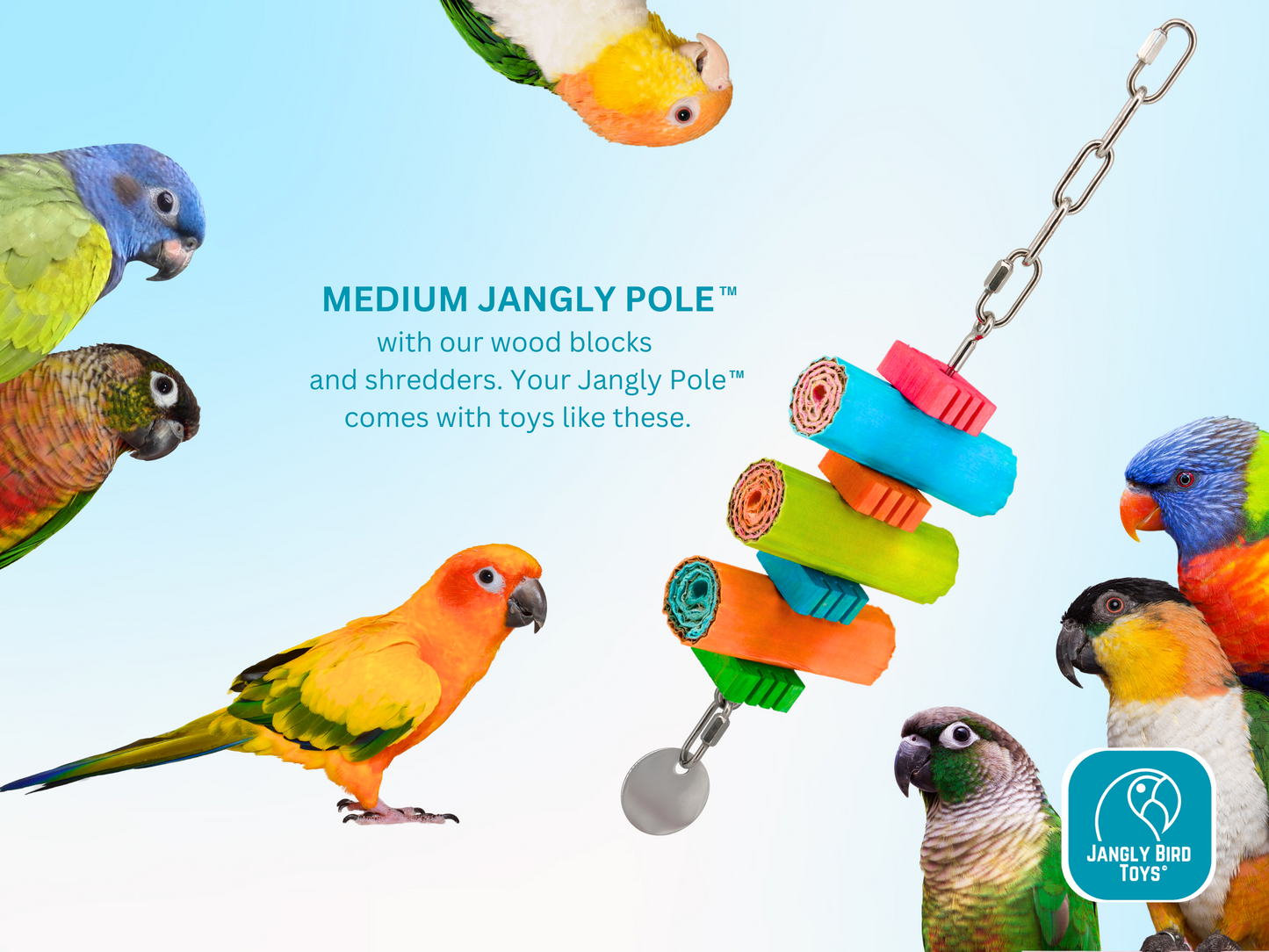 MEDIUM JANGLY POLE™ WITH TOYS / Stainless Steel Parrot Toy Base / Skewer / Sustainable and reusable bird toy holder / Comes loaded with toys!