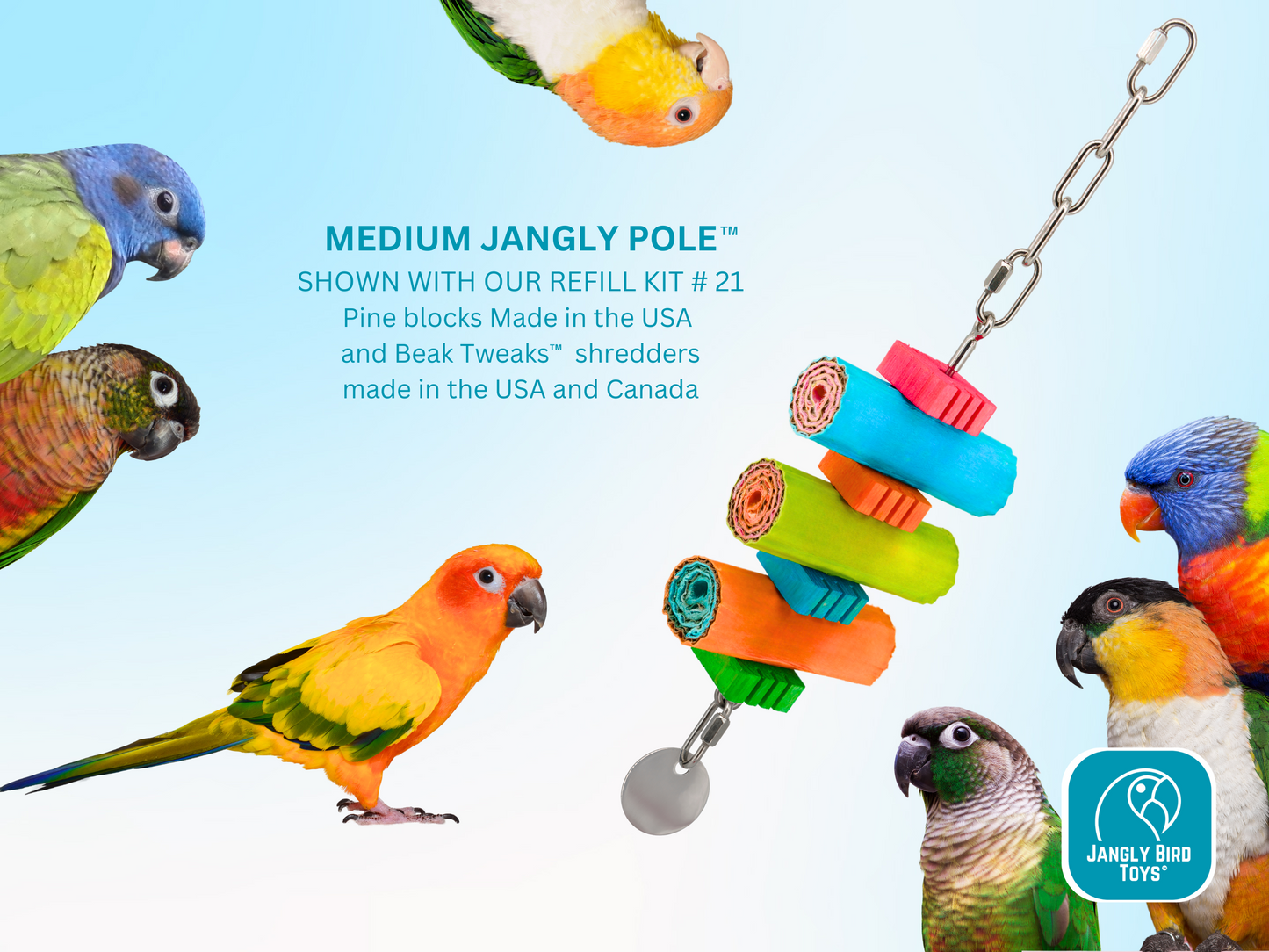 MEDIUM JANGLY POLE™ / Stainless Steel Parrot Toy Base / Skewer / Sustainable and Reusable Bird Toy Holder