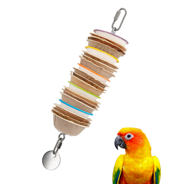 JANGLY POLE™ | Refillable stainless steel parrot toy base loaded with palm leaf toys | Medium