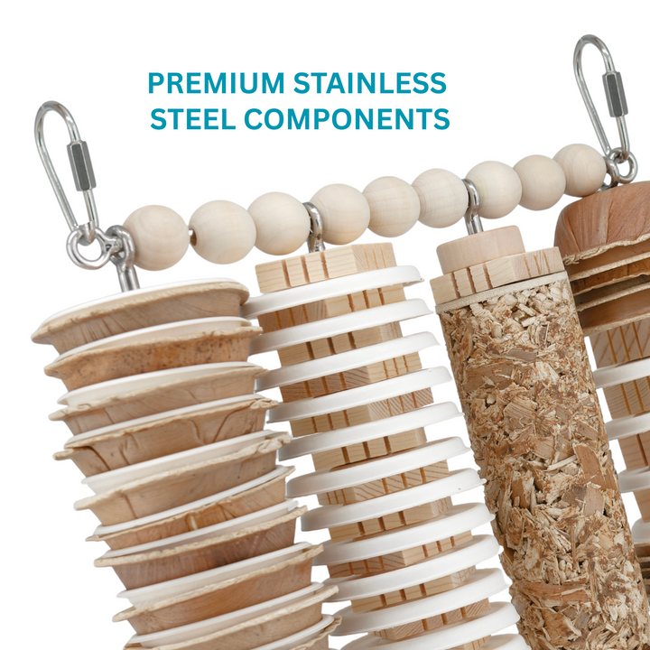 Medium JANGLY WALL OF TOYS™ Refillable stainless steel bird toy platform pre-loaded with all natural toys