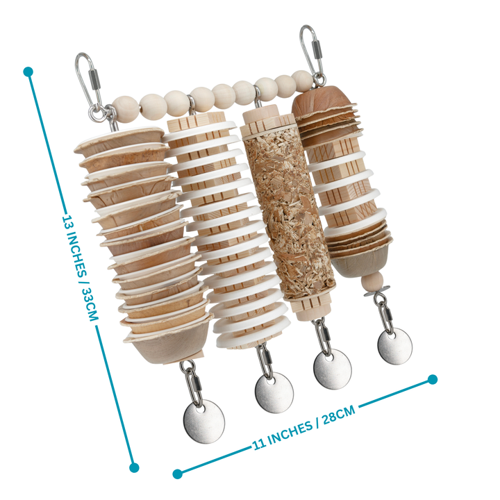 Medium JANGLY WALL OF TOYS™ Refillable stainless steel bird toy platform pre-loaded with all natural toys