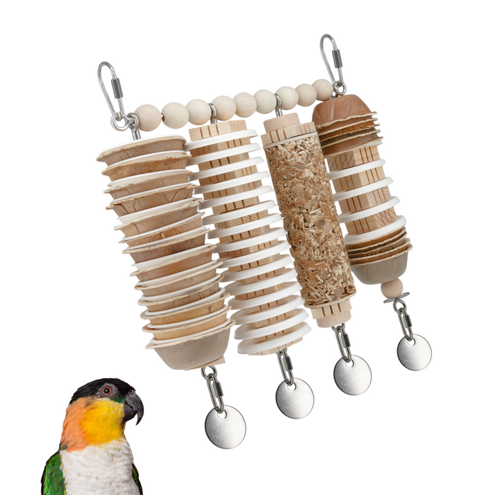 Medium JANGLY WALL OF TOYS™ Refillable stainless steel bird toy platform pre-loaded with all natural toys