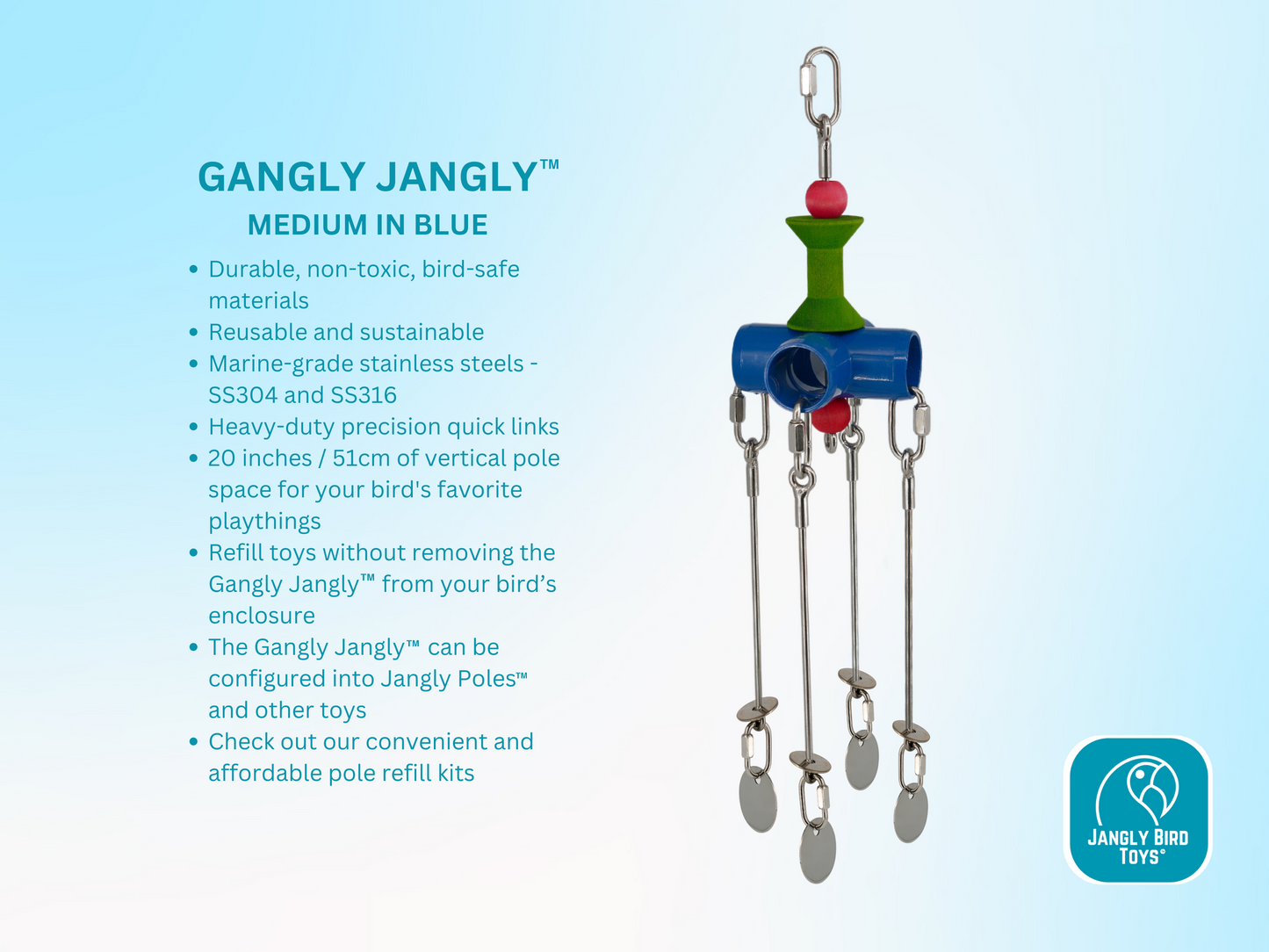 GANGLY JANGLY™ WITH TOYS /medium / stainless steel parrot toy holder that comes loaded with toys! / Sustainable and reusable bird toy base / Safe alternative to rope and twine / poles / skewers