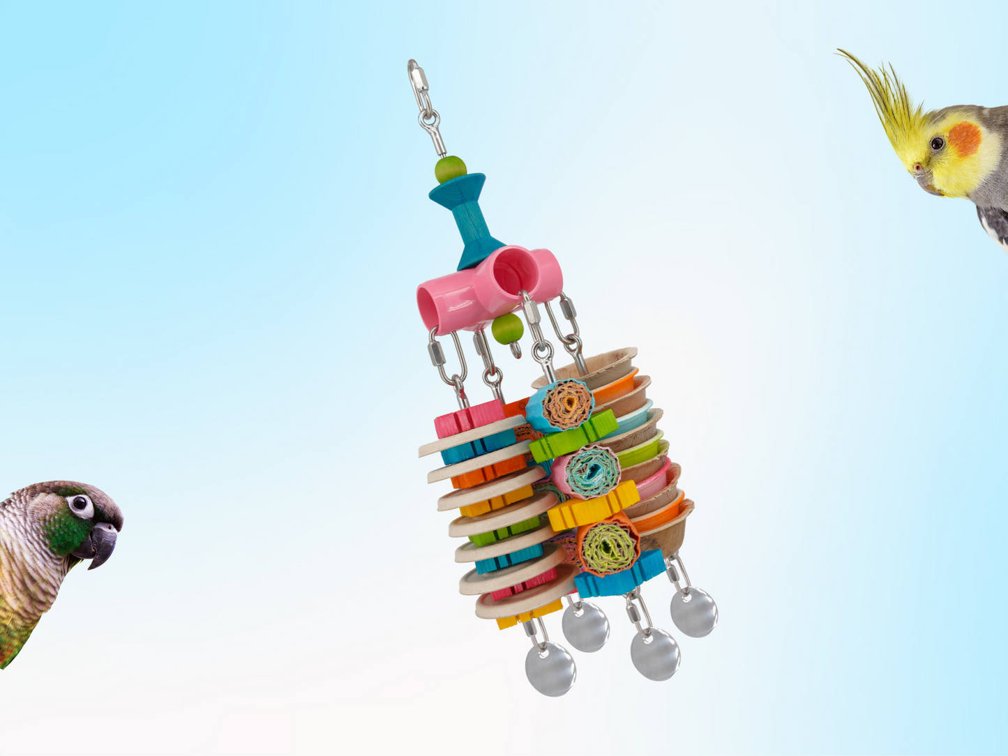 GANGLY JANGLY™ WITH TOYS /medium / stainless steel parrot toy holder that comes loaded with toys! / Sustainable and reusable bird toy base / Safe alternative to rope and twine / poles / skewers