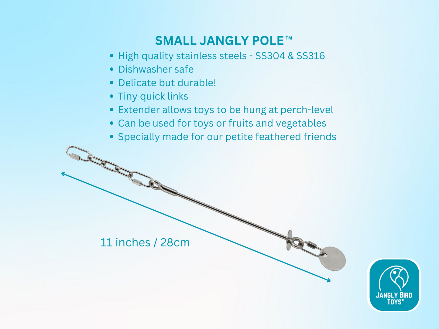 SMALL JANGLY POLE™ / Stainless Steel Parrot Toy Base / Skewer / Sustainable and reusable bird toy holder