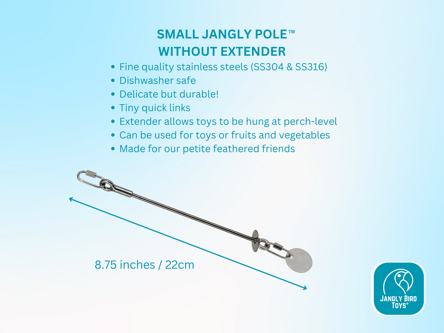 SMALL JANGLY POLE™ without extender / Stainless steel parrot toy holder / Sustainable and reusable bird toy base / Skewer