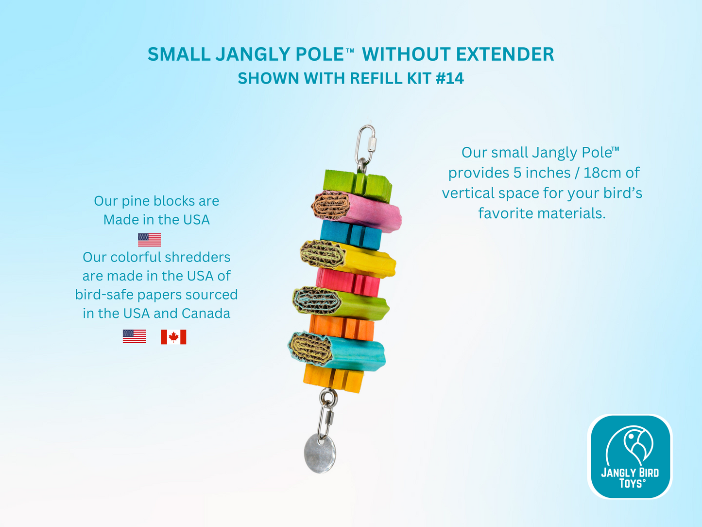 SMALL JANGLY POLE™ without extender / Stainless steel parrot toy holder / Sustainable and reusable bird toy base / Skewer