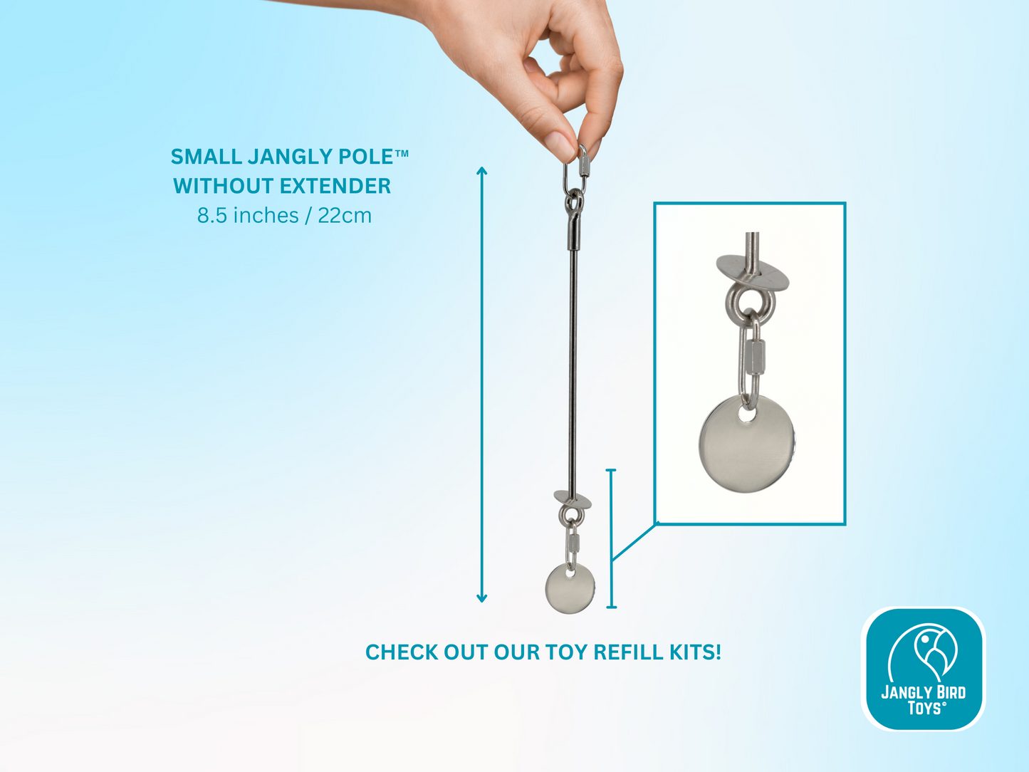 SMALL JANGLY POLE™ without extender / Stainless steel parrot toy holder / Sustainable and reusable bird toy base / Skewer