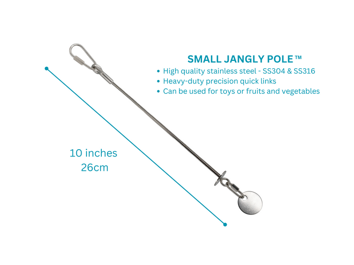 Small JANGLY POLE™ stainless steel parrot toy base loaded with natural palm leaf shredder