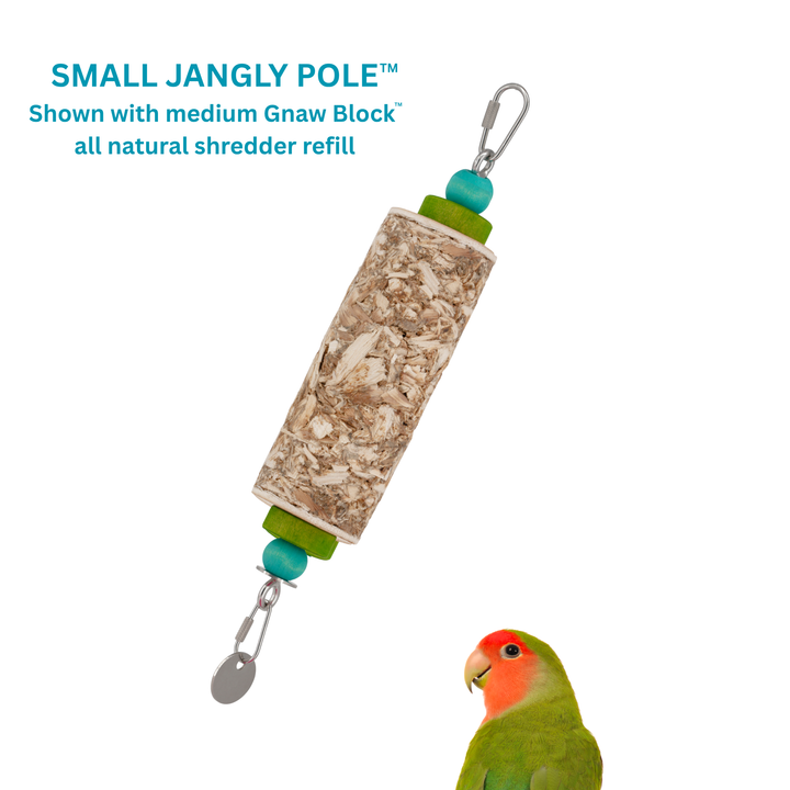JANGLY POLE™ stainless steel parrot toy base loaded with crunchy palm cups | Small