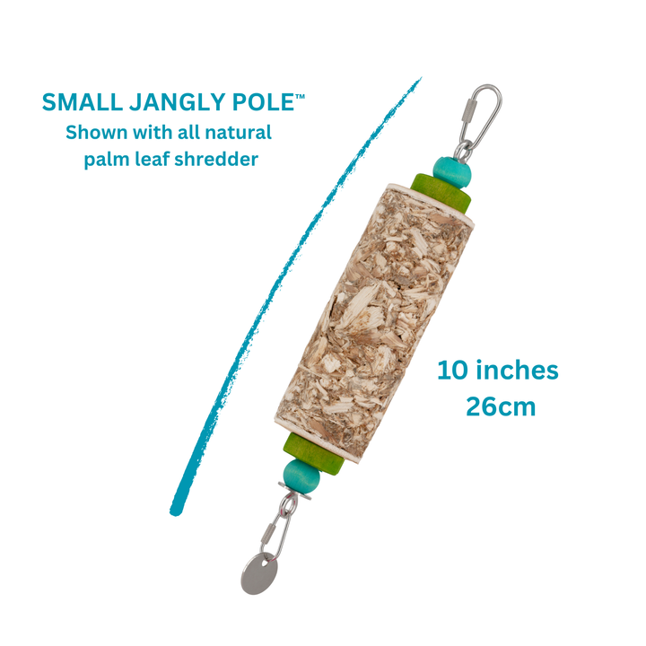Small JANGLY POLE™ stainless steel parrot toy base loaded with natural palm leaf shredder