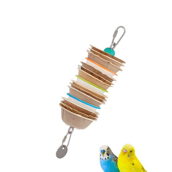 JANGLY POLE™ stainless steel parrot toy base loaded with crunchy palm cups | Small