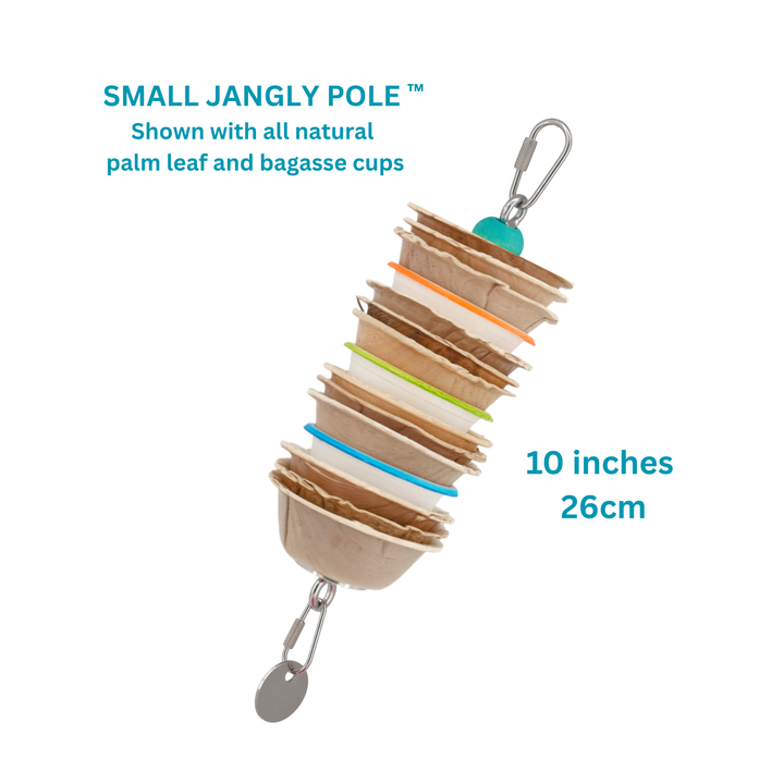 JANGLY POLE™ stainless steel parrot toy base loaded with crunchy palm cups | Small