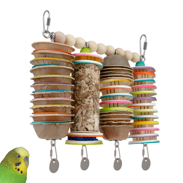 JANGLY WALL OF TOYS™ Small—refillable stainless steel bird toy platform pre-loaded with fun, chewable toys. Perfect for interactive play and enrichment!