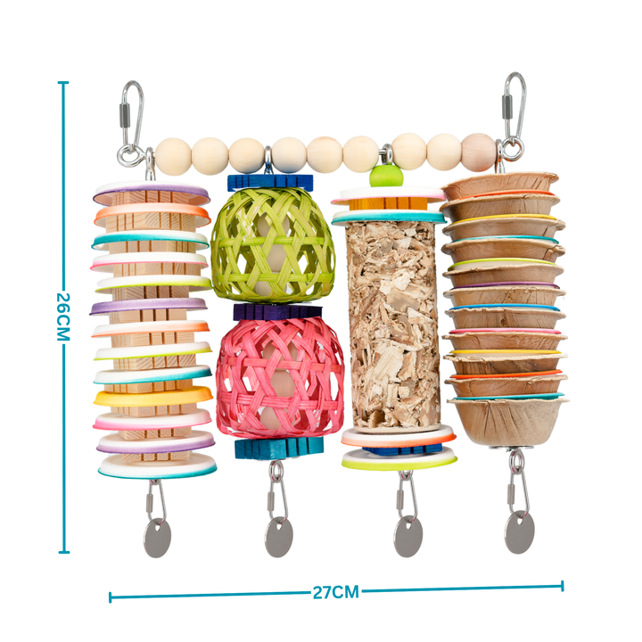JANGLY WALL OF TOYS™ Small—refillable stainless steel bird toy platform pre-loaded with fun, chewable toys. Perfect for interactive play and enrichment!