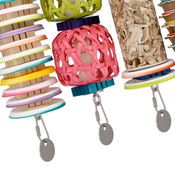 JANGLY WALL OF TOYS™ Small—refillable stainless steel bird toy platform pre-loaded with fun, chewable toys. Perfect for interactive play and enrichment!