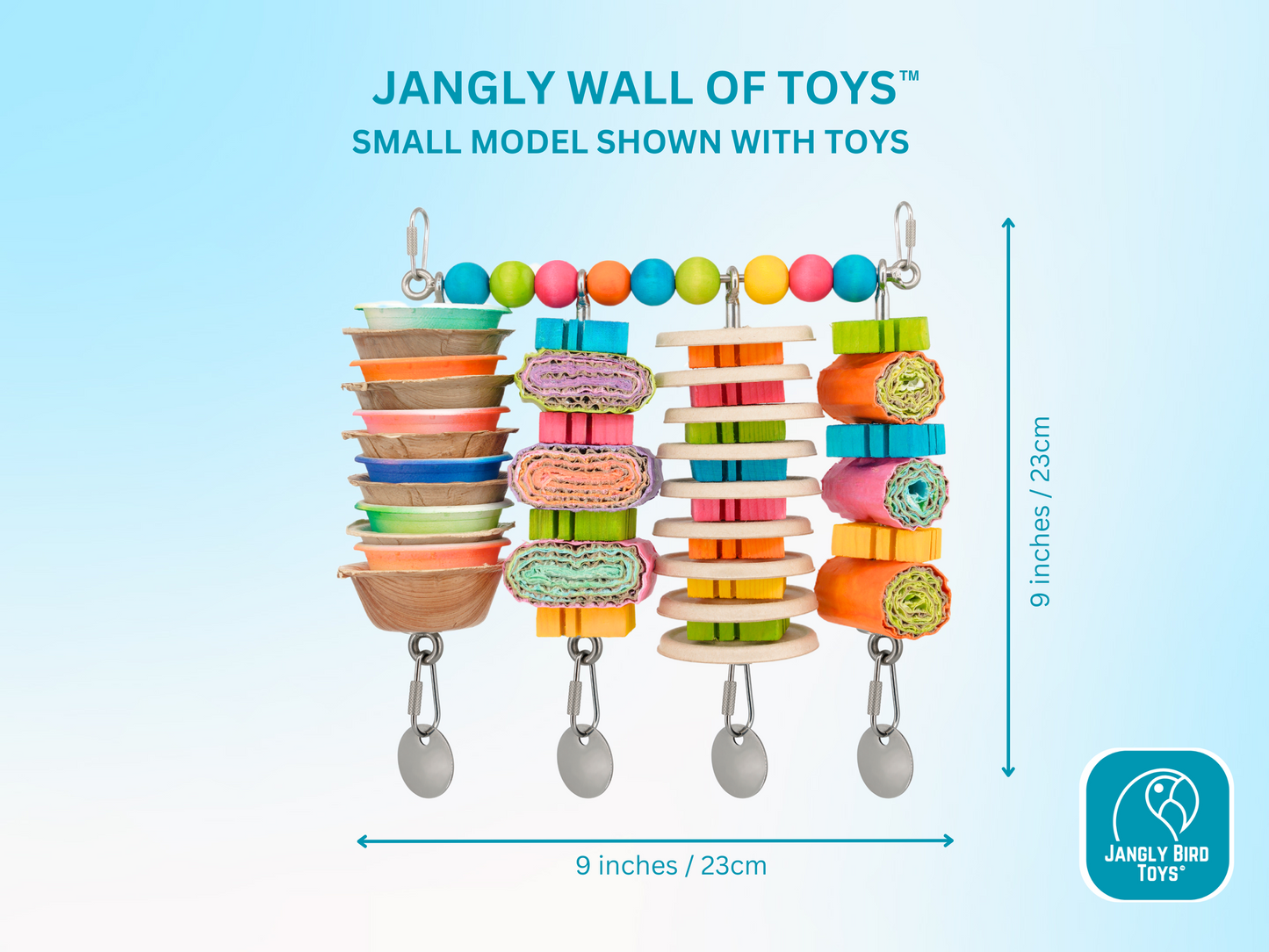 JANGLY WALL OF TOYS™ LOADED WITH TOYS / small / The ultimate parrot playstation! / Stainless steel bird toy holder / Sustainable and reusable bird toy base / poles / skewers