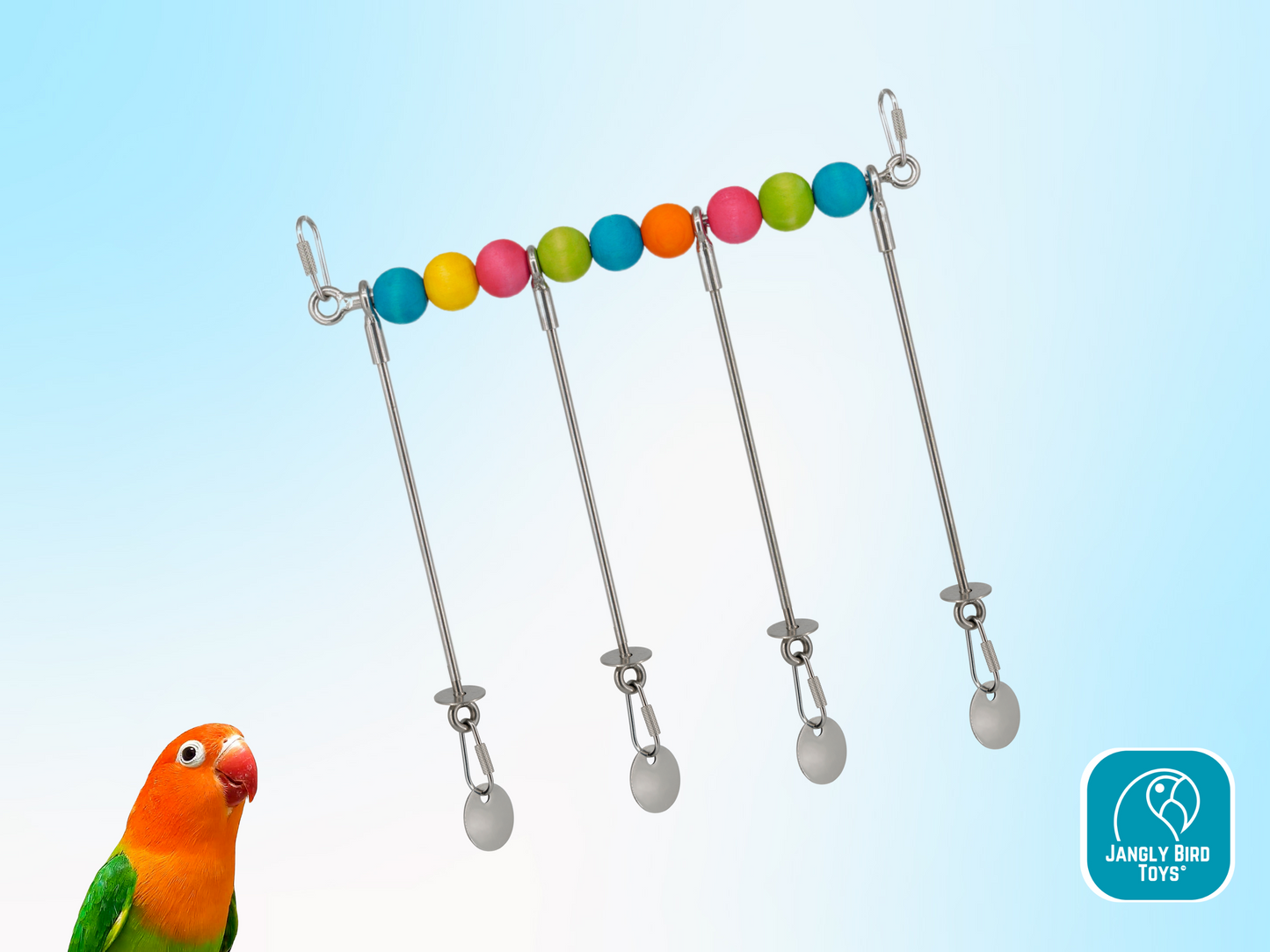 JANGLY WALL OF TOYS™ LOADED WITH TOYS / small / The ultimate parrot playstation! / Stainless steel bird toy holder / Sustainable and reusable bird toy base / poles / skewers