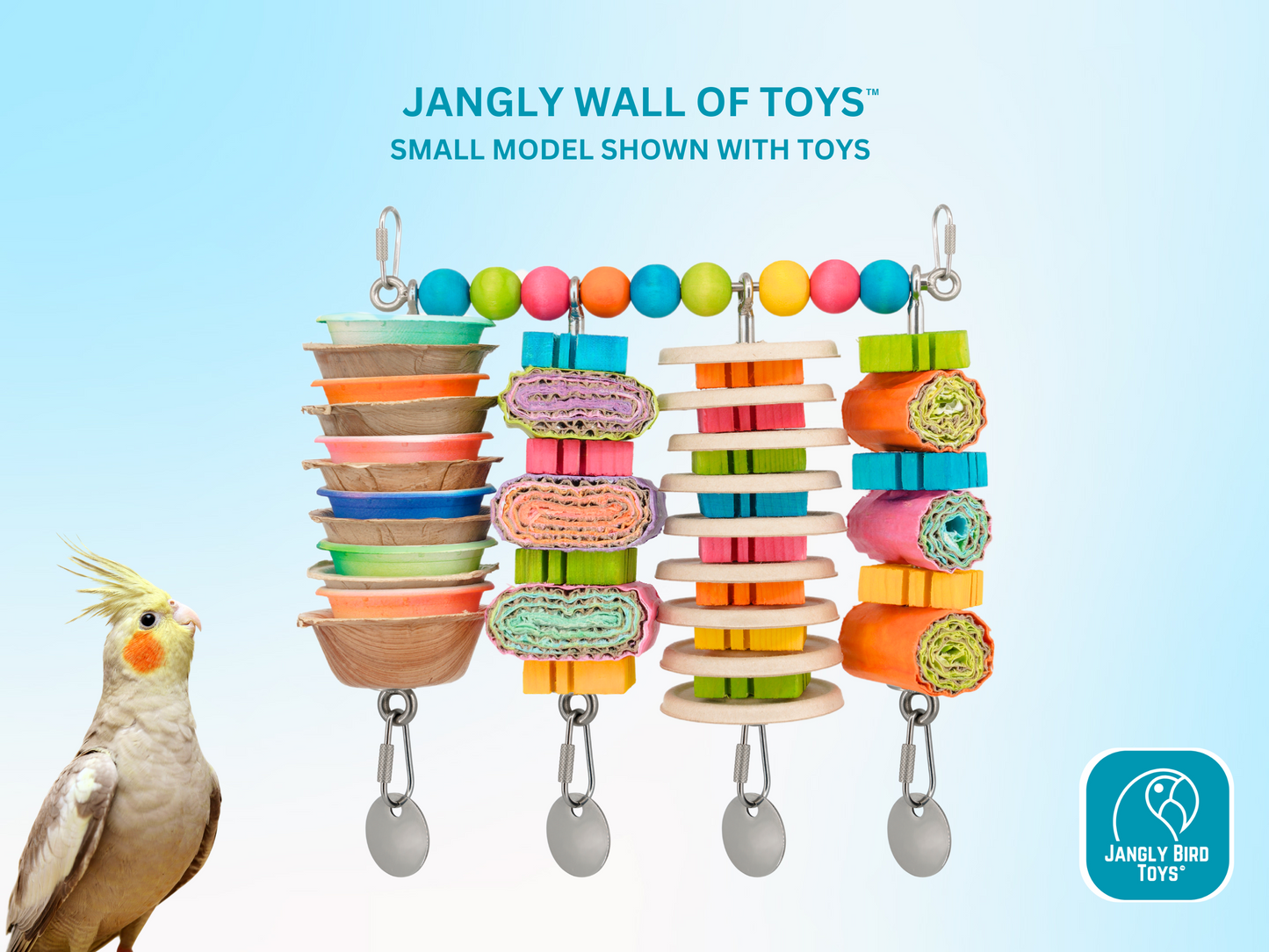 JANGLY WALL OF TOYS™ LOADED WITH TOYS / small / The ultimate parrot playstation! / Stainless steel bird toy holder / Sustainable and reusable bird toy base / poles / skewers