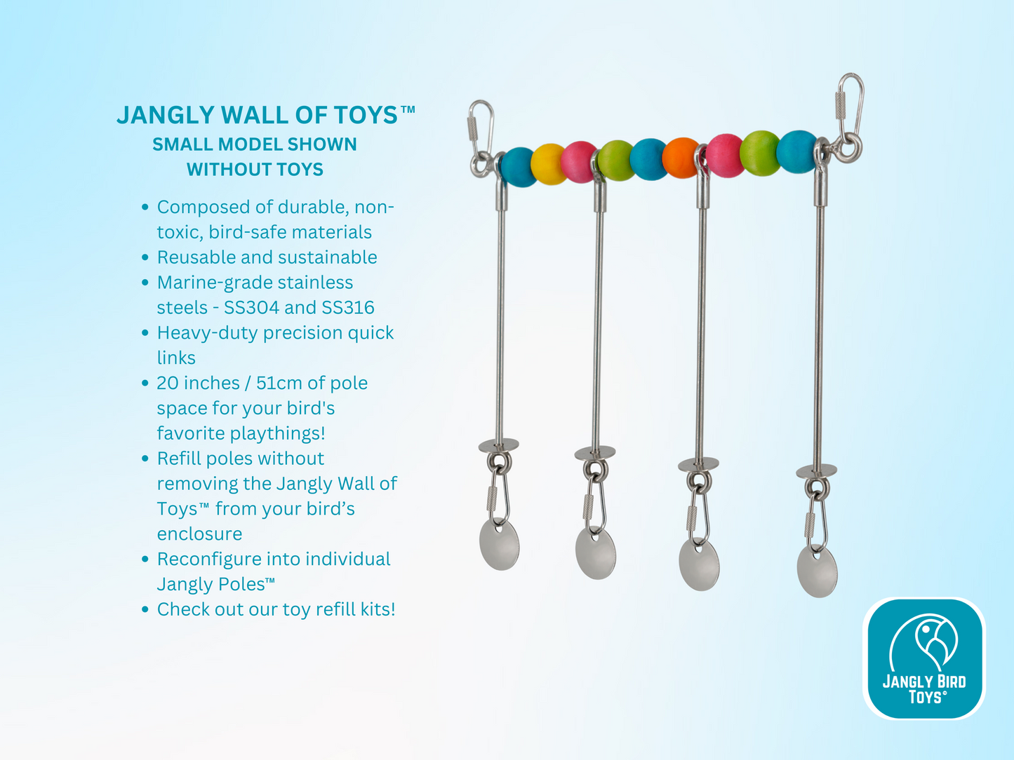 JANGLY WALL OF TOYS™ / small / The ultimate parrot playstation! / Stainless steel bird toy holder / Sustainable and reusable bird toy base / poles / skewers