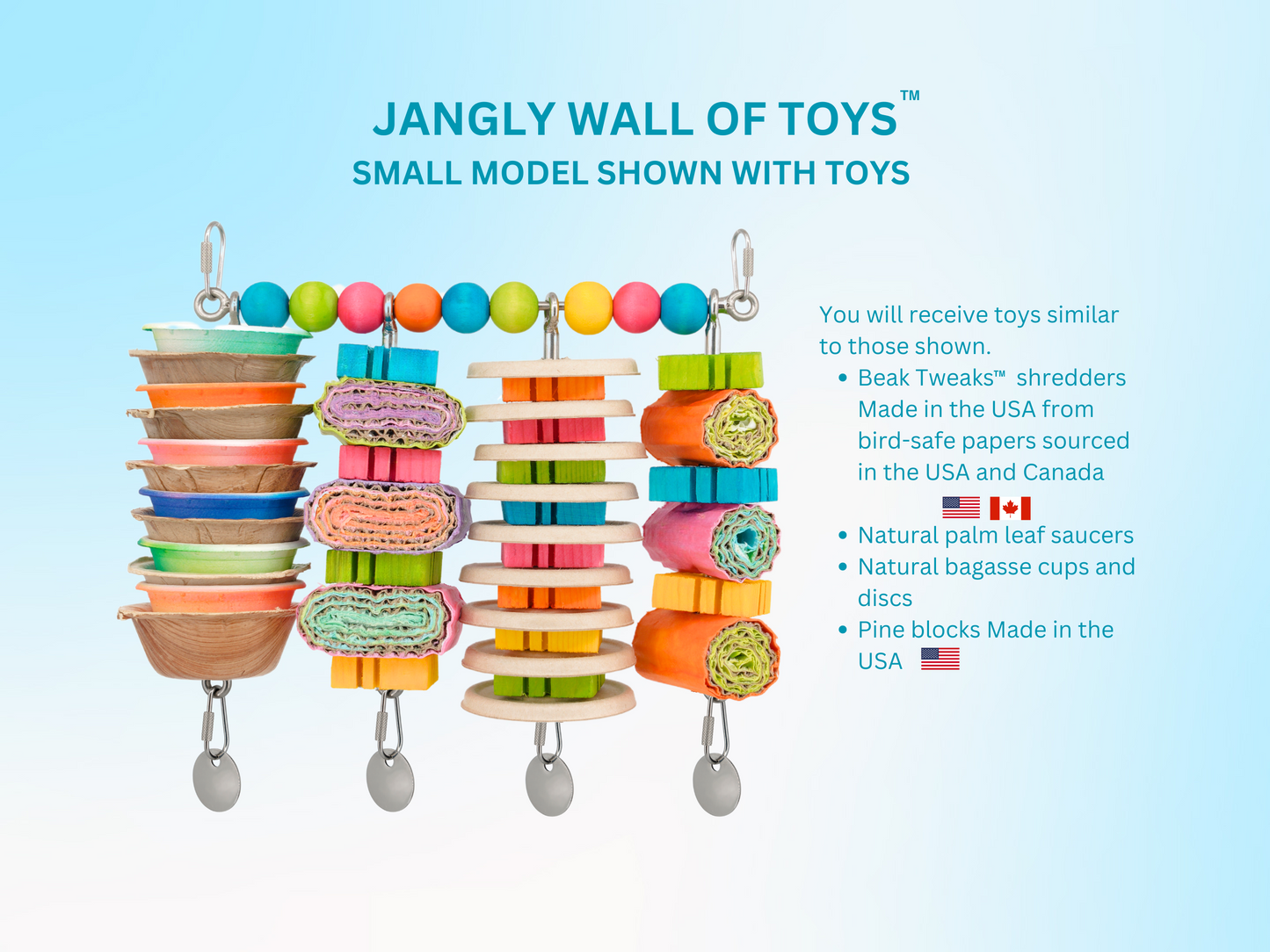 JANGLY WALL OF TOYS™ LOADED WITH TOYS / small / The ultimate parrot playstation! / Stainless steel bird toy holder / Sustainable and reusable bird toy base / poles / skewers