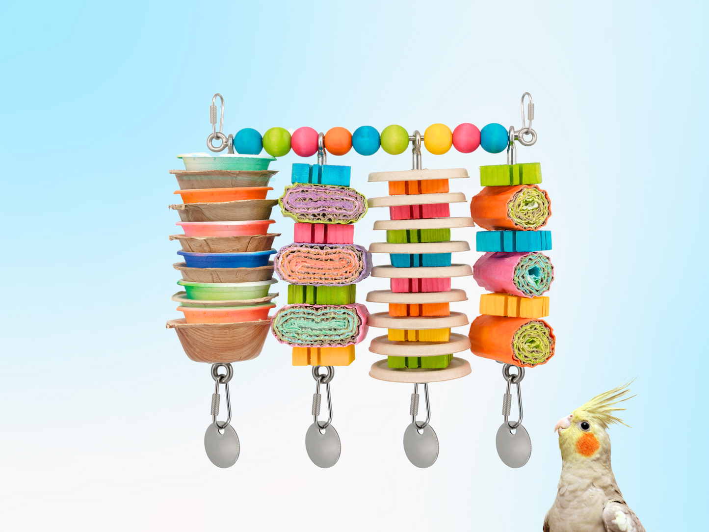 JANGLY WALL OF TOYS™ LOADED WITH TOYS / small / The ultimate parrot playstation! / Stainless steel bird toy holder / Sustainable and reusable bird toy base / poles / skewers