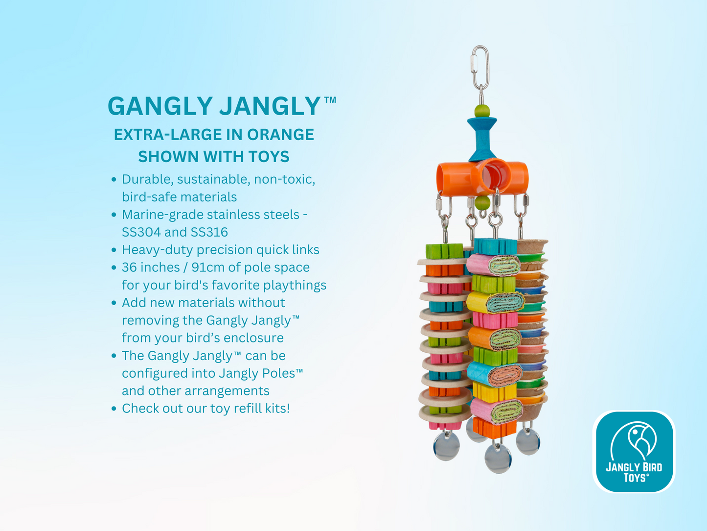 GANGLY JANGLY™ / extra-large / stainless steel parrot toy holder / Sustainable and reusable bird toy base / Safe alternative to rope and twine / poles / skewers