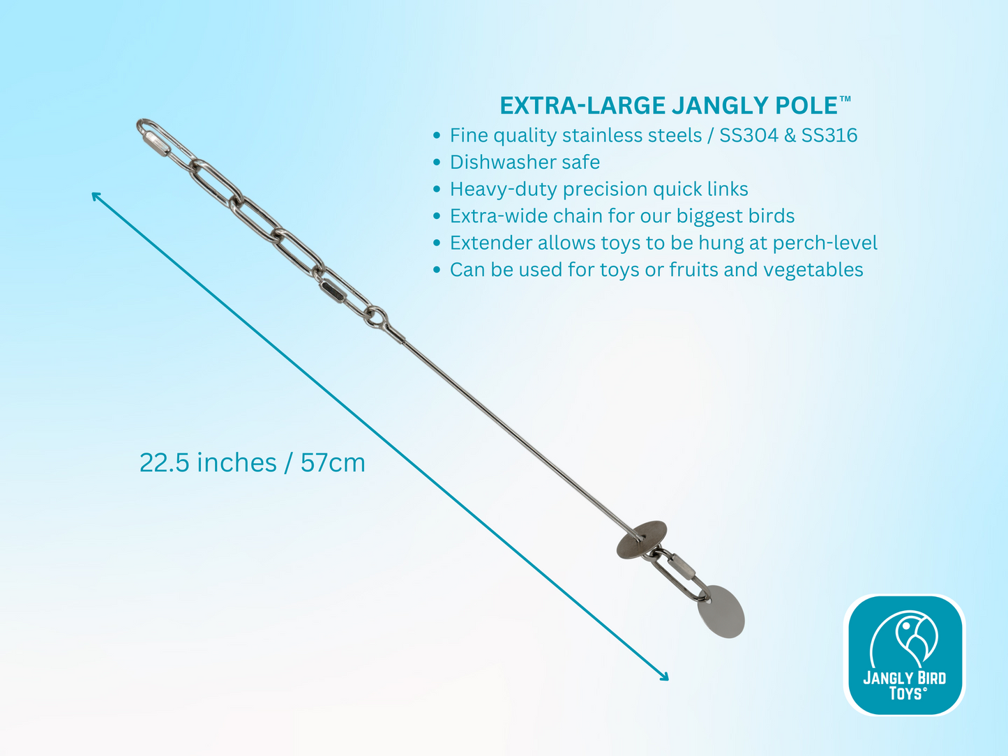 EXTRA-LARGE JANGLY POLE™ / Stainless steel parrot toy holder / Sustainable and reusable bird toy base / Skewer