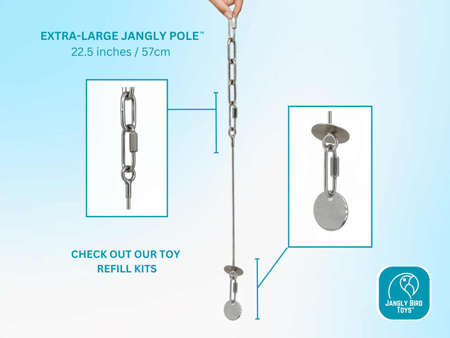 EXTRA-LARGE JANGLY POLE™ / Stainless steel parrot toy holder / Sustainable and reusable bird toy base / Skewer