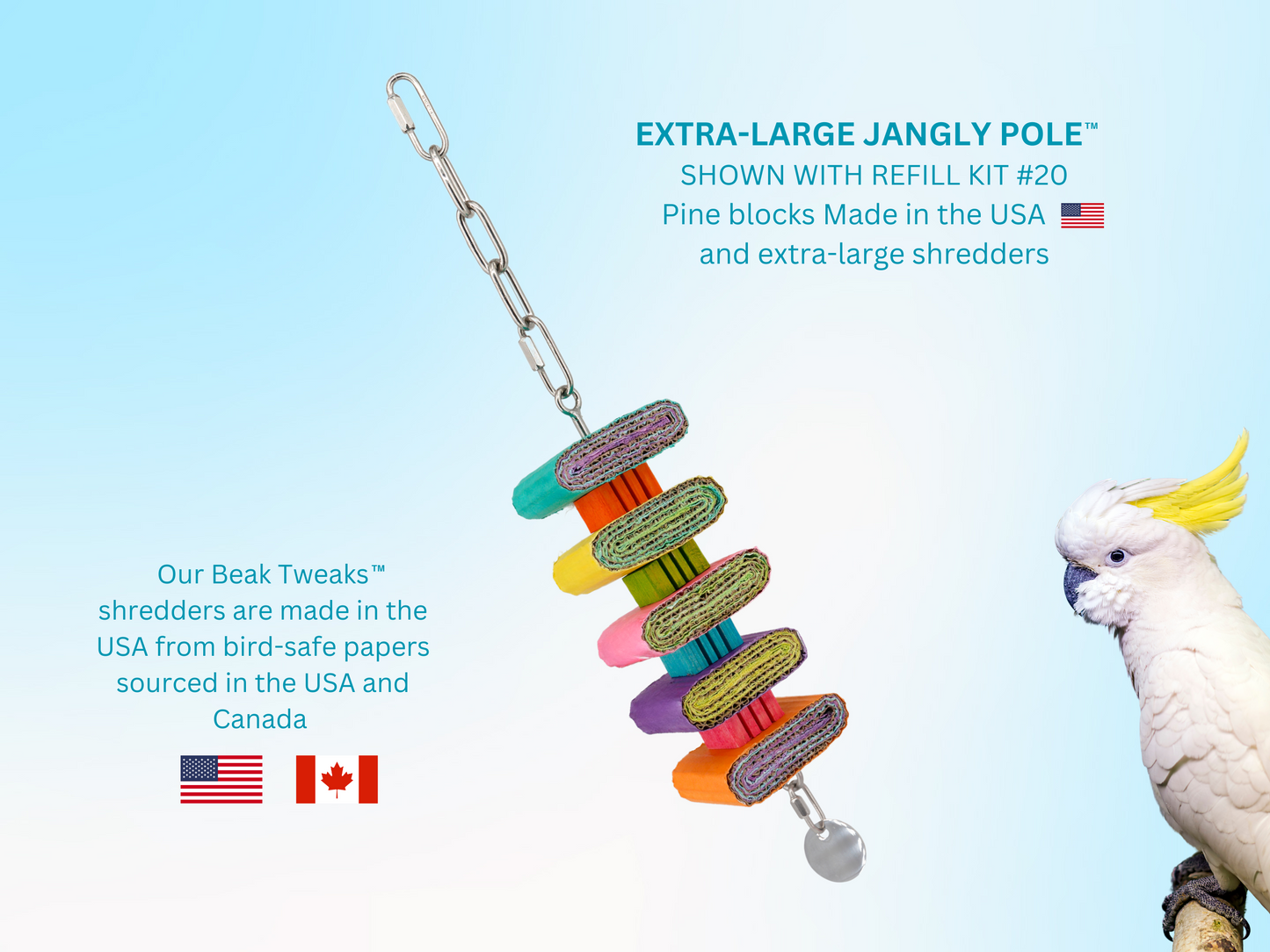 EXTRA-LARGE JANGLY POLE™ / Stainless steel parrot toy holder / Sustainable and reusable bird toy base / Skewer