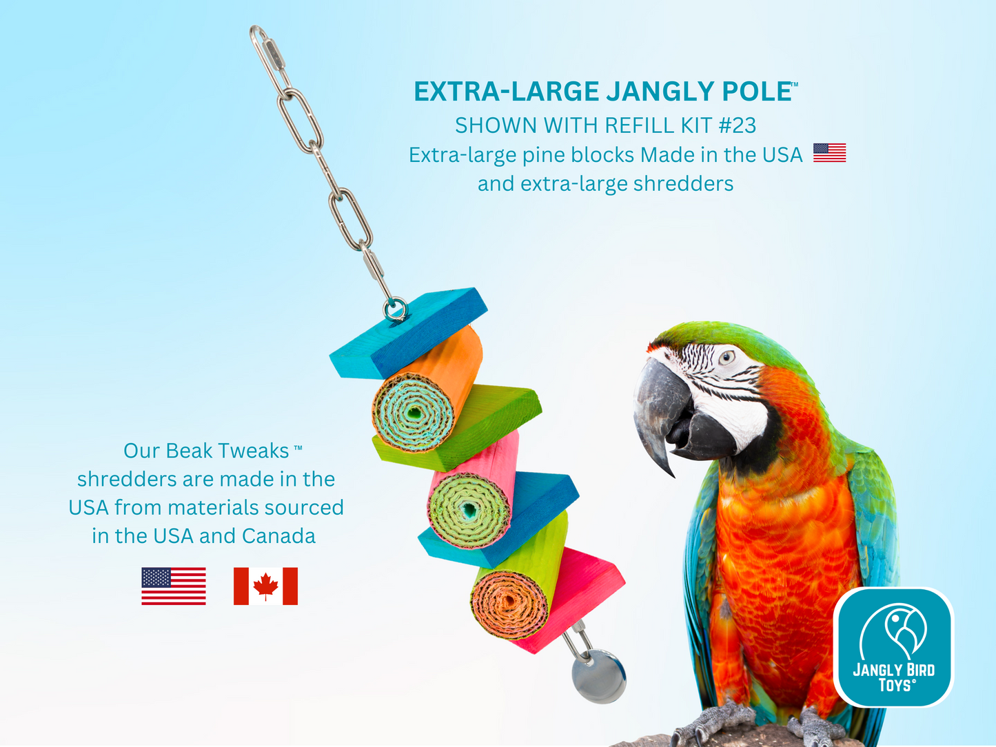 EXTRA-LARGE JANGLY POLE™ / Stainless steel parrot toy holder / Sustainable and reusable bird toy base / Skewer