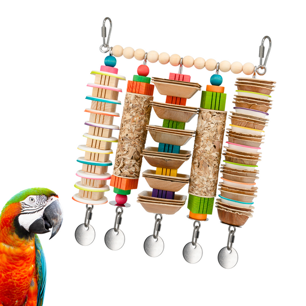 JANGLY WALL OF TOYS™ Extra-Large—refillable stainless steel bird toy platform pre-loaded with shreddable toys. Built for big birds and endless enrichment